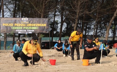 Polresta Tuban Gandeng Pesilat dan Pelajar Hijaukan Pantai Cemara, Sumbang Oksigen untuk Masa Depan